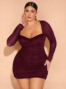 SHEIN BAE 大码秋冬优雅派对甜美性感女士棕色拼色蕾丝领口褶皱迷你连衣裙派对装万圣节派对圣诞派对感恩节女装秋季服装秋季女装节日连衣裙优雅连衣裙感恩节女装感恩节服装圣诞服装圣诞派对礼服感恩节礼服，毕业礼服 - 酒紅色 - 查看 1