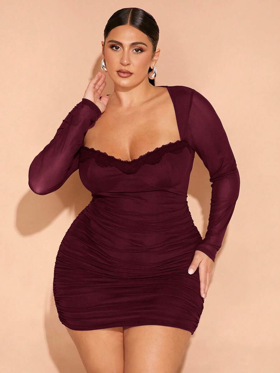 SHEIN BAE 大码秋冬优雅派对甜美性感女士棕色拼色蕾丝领口褶皱迷你连衣裙派对装万圣节派对圣诞派对感恩节女装秋季服装秋季女装节日连衣裙优雅连衣裙感恩节女装感恩节服装圣诞服装圣诞派对礼服感恩节礼服，毕业礼服 - 酒紅色 - 查看 1