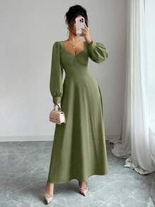 Elenzga Women's Elegant Square Neck Puff Sleeve Waist Cinched Maxi Dress, Suitable For Daily Commute - Green - View 4