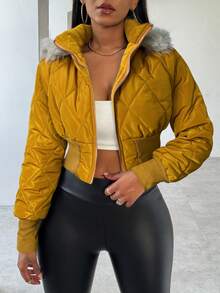 BamGleam Fashionable Versatile Fur Collar Hooded Cropped Jacket, Winter - Yellow - View 3