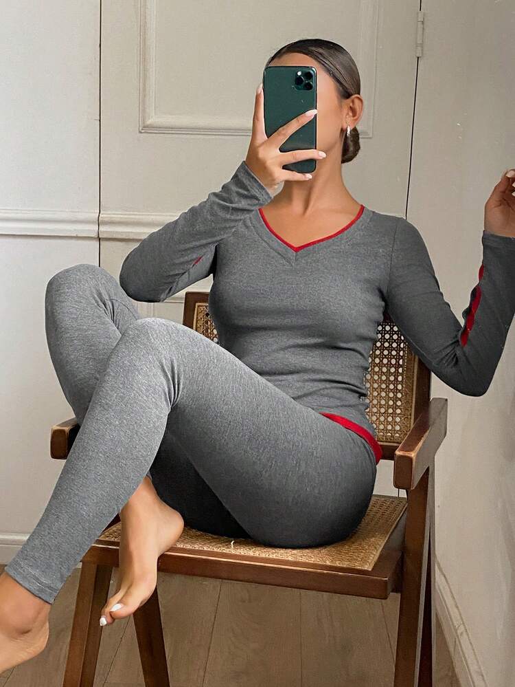 Women's Plush Knit Colorblock 2 In 1 Design Slim Fit Pajama Set, Winter Fall Clothes