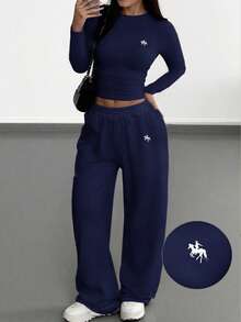 SHEIN EZwear 海军蓝加大码女款两件套，骑士印花长袖T恤和裤子 - 藏蓝色 - 查看 1