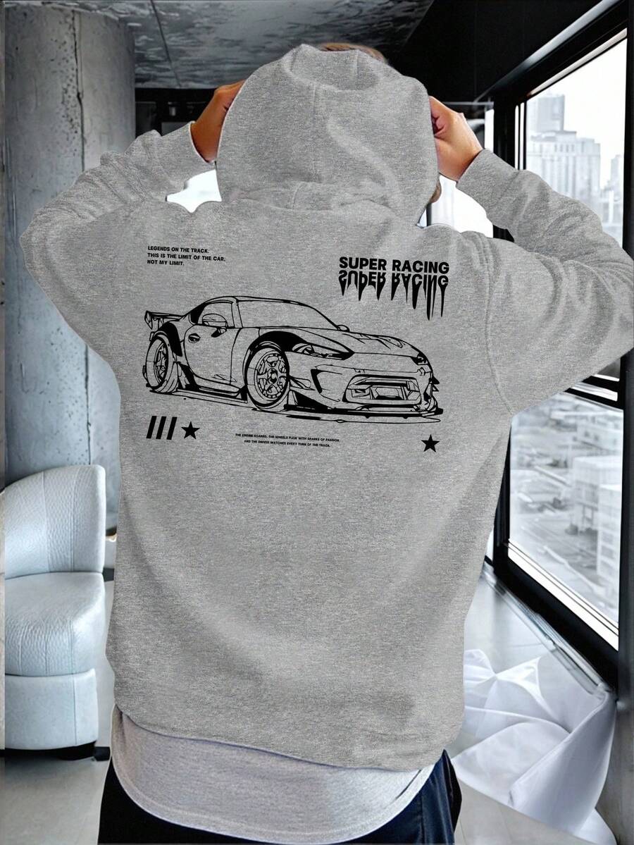 SHEIN Bolty Super Racing 青少年男孩休閒簡約抽象汽車圖案寬鬆長袖冬季衛衣,適合秋季,衣背部設計 - 灰色 - 查看 1
