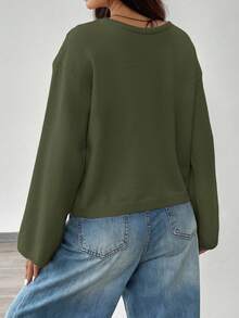 SHEIN EZwear 女士纯色打结长袖开衫，通勤，极简主义，办公室穿着，复古款，简单，女士系带前腰带纯色针织毛衣开衫，可穿在 T 恤外面，长袖上衣，秋冬季上学上衣 - 軍綠色 - 查看 2