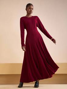Zivah Women's Burgundy Elegant Long Sleeve Super Long Dress For Autumn,Matte Knitted Round Neck Umbrella Hem Base Dress For Dining,Party,Cruise,Commuting - Burgundy - View 2
