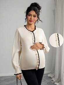 Momance Femmes Ample Ajustement Col V Contraste Couleur Volant Lanterne Manche Faux Bouton Design Décontracté Maternité Tricot pull, Automne/Hiver