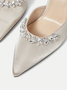 CUCCOO HITCHD Ladies' Apricot, Nude, And Ivory Colored Elegant High Heels For Dressy Occasions. It Features A Gorgeous Chain-Linked Shimmering Rhinestones Decoration And A Large Gemstone. The Shoes Are Made Of Luxurious Light Pink Satin With Pointed Silk Toe And Black High Heels. They Are Designed For Parties, Formal Events, And Weddings. Foldable Butterfly Orchid Flowers And Buckle Closure Add To The Beautification Of The Shoes. Spring Shoes Spring Break Easter Prom Heels For Christmas Elegant Shoes - Beige - View 9