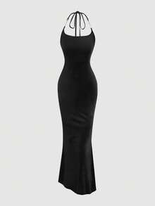Sweetra Women's Sexy Elegant Fashion Backless Velvet Bodycon Dress With Metal Buckle Decor - Black - View 1