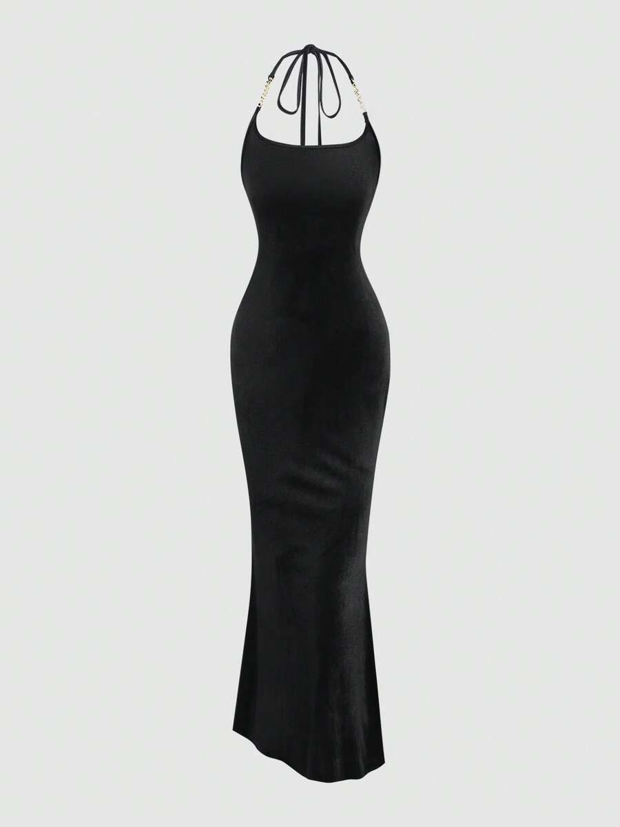 Sweetra Women's Sexy Elegant Fashion Backless Velvet Bodycon Dress With Metal Buckle Decor - Black - View 1