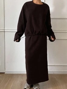 Livesso 秋冬季保暖宽松商务休闲套头卫衣+直筒抽绳腰半身裙两件套，时尚棕色保暖内衬 - 咖啡棕 - 查看 4