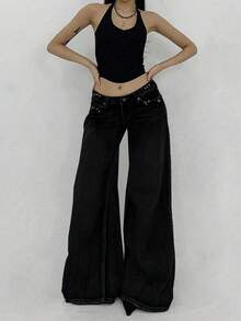 DAZY Women's Fashion Washed Low Waist Wide Leg Jeans - Black - View 5