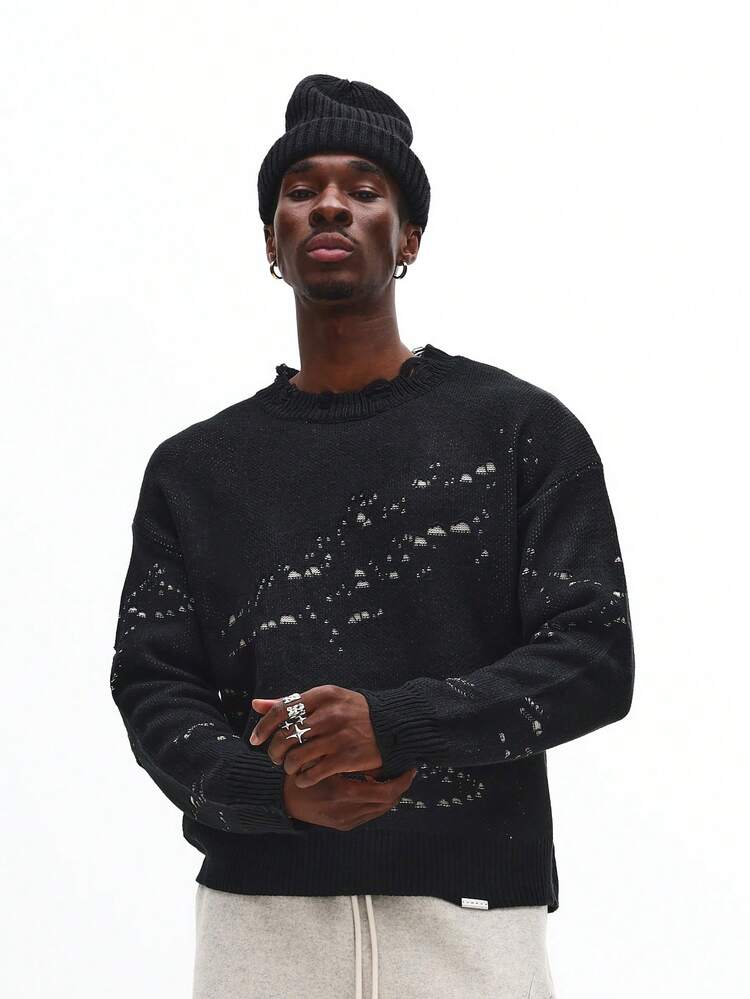 Strickpullover im Used-Look mit geripptem Saum und Rundhalsausschnitt