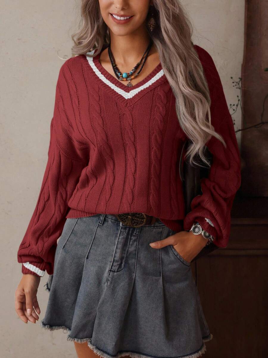 LanaWest Casual Contrast Color Trim Raglan Sweater, Autumn/Winter - Redwood - View 1