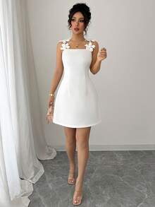 Elenzga Women's Spring And Summer Elegant 3D Floral Strap Design Waist Fitted Minimalist Casual Short Dress - White - View 6