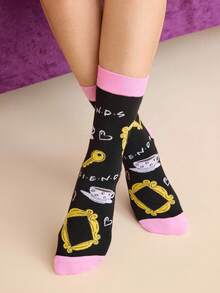FRIENDS X SHEIN 2Pairs Soft & Breathable Moisture-Wicking Casual Funny Classic Lines Women Mid-Calf Socks Fashionable Cute Purple & Black Crew Socks Reinforced Toe & Heel For Durability All Season All-Match Summer Winter - Multicolor - View 6