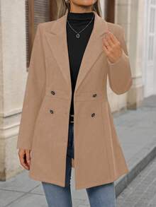 SHEIN LUNE 女式纯色翻领长袖双排扣休闲大衣，秋冬 - 藕粉色 - 查看 5