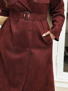 Vionelle Abrigo cortavientos de unicolor elegante de gamuza sintética con decoración de cinturón para tallas grandes, abrigos de otoño/invierno para mujeres, color burdeos, blazer de color marrón oscuro para mujeres - Burdeos - Ver 6