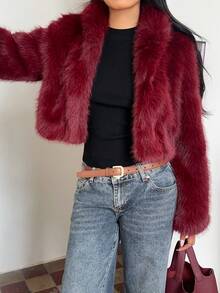 Sunnyshic 1件女士勃艮第酒红色仿皮草奢华优雅内衬夹克 - 酒紅色 - 查看 4
