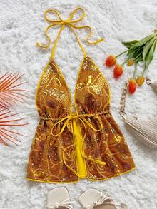 Soleia Women's Y2K Sequin Waist Tie Open Slit Sexy Fashion Halter Neck Camisole - Orange - View 6