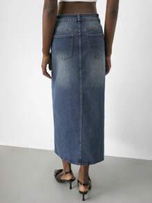 Maija 女式休闲水洗牛仔开衩裙 - 中等水洗藍 - 查看 3