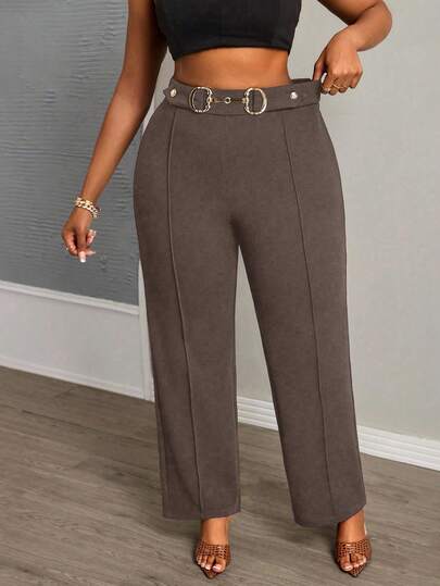 Slaydiva Pantalones rectos súper largos elegantes, de oficina, de fiesta y de cita, de color negro sólido, con decoración de botón de metal en la cintura, para mujer de talla grande, para primavera/otoño