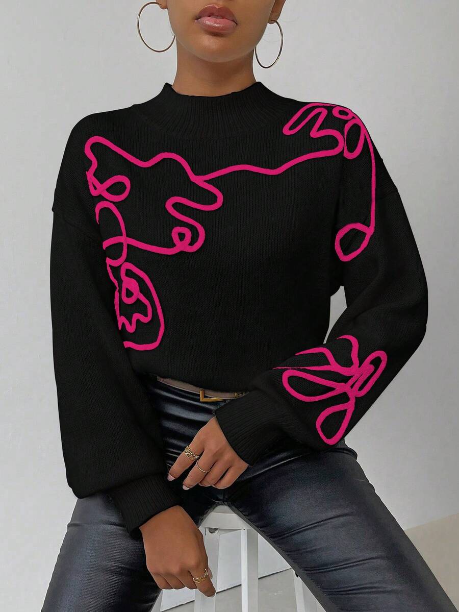 SHEIN LUNE 女式休闲拼色灯笼袖毛衣,秋冬 - 黑色 - 查看 1