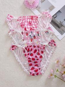 PetitDoll 3pcs/Pack Women's Cute Printed Tie-Front Panties Strawberry Panties Strawberry Lingerie Pink Strawberry Underwear Cow Cute Strawberry Underwear Ruffle Panties
