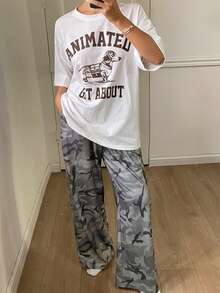 DAZY Áo thun họa tiết chữ và chó kết hợp với quần ngủ rộng rãi họa tiết rằn ri, bộ đồ ngủ cho nữ - trắng - Xem 6