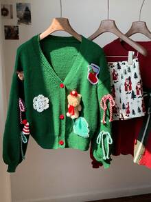 Comfortcana Women's Christmas Tree Pattern Long Sleeve Knitted Cardigan, Autumn/Winter Christmas - Green - View 7