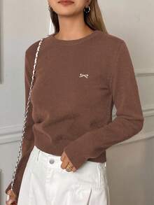 DAZY Nuevo suéter de punto con lazo bordado para mujer, otoño - Café integral - Ver 4