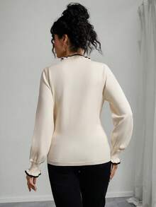 Momance Femmes Ample Ajustement Col V Contraste Couleur Volant Lanterne Manche Faux Bouton Design Décontracté Maternité Tricot pull, Automne/Hiver