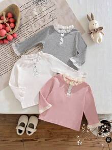 SHEIN 3pcs Baby Girls Solid Color Long Sleeve Lace Trim Turtleneck Knit Tops - Multicolor - View 1