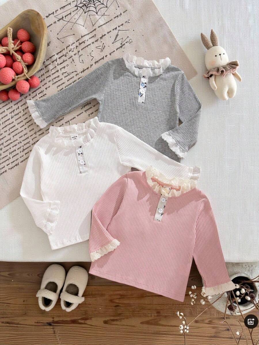 SHEIN 3pcs Baby Girls Solid Color Long Sleeve Lace Trim Turtleneck Knit Tops - Multicolor - View 1