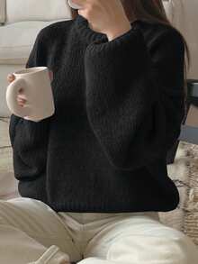 DAZY Áo len chui đầu dáng rộng cổ tròn tay dài hở vai màu trơn cho nữ, mùa thu/đông - màu đen - Xem 2