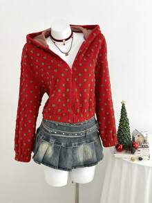 SHEIN Unity 女士红色圣诞树拉链落肩卫衣 - 紅色 - 查看 5