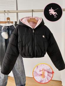 SHEIN 少女休闲短款连帽棉衣，保暖内衬，宽松版型，舒适，适合秋冬季日常穿着、户外、派对、拍照 - 黑色 - 查看 3