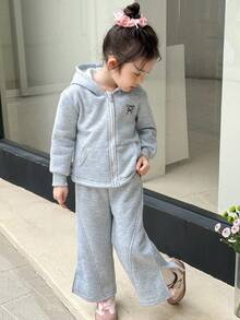 SHEIN Bộ áo hoodie và quần dài thêu chữ đơn giản cho bé gái - Xám - Xem 6