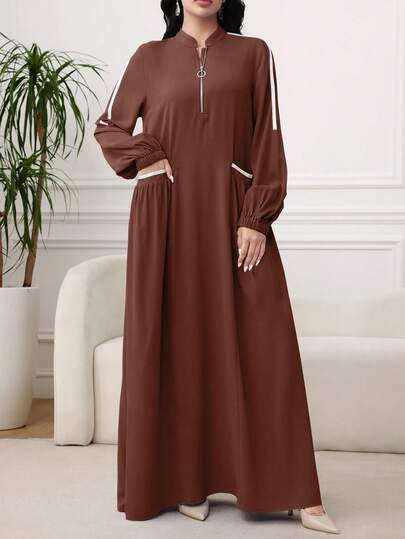 Al Najma 女士拉链长袖时尚口袋温柔优雅阿拉伯风格连衣裙，休闲运动风，适合日常休闲/工作/返校，超长阿拉伯连衣裙
