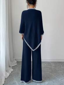 Elenzga Bộ đồ hai mảnh thiết kế áo poncho rộng rãi thoải mái và quần dệt kim màu tương phản rộng rãi dành cho nữ - Màu xanh hải quân - Xem 2