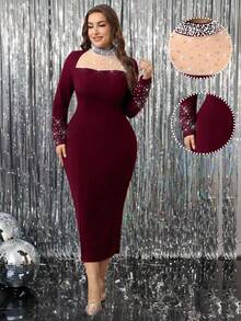 Modelyn 大码女式优雅水钻装饰闪亮长袖奢华连衣裙 - 酒紅色 - 查看 1