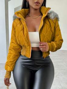 BamGleam Fashionable Versatile Fur Collar Hooded Cropped Jacket, Winter - Yellow - View 1