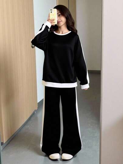2 件套青少年女孩休闲运动家居服运动衫和阔腿运动裤套装，拼色超大圆领长袖连帽衫和裤子返校装，黑白