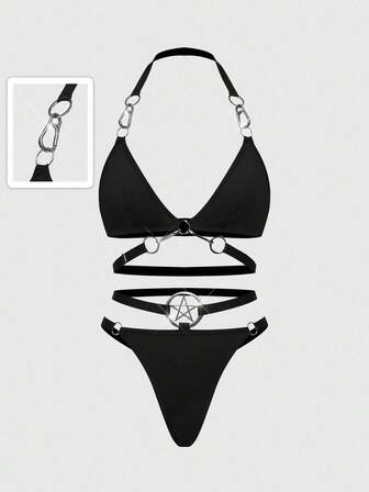 Grunge Punk Set di reggiseno e slip punk con fibbie metalliche a forma di pentagramma e triangolo