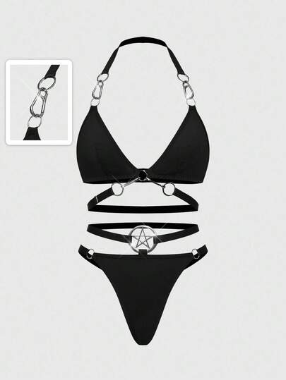 Grunge Punk Punk Metal Buckle Pentagram Triangle Bra And Panty Set