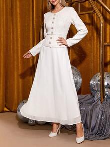 Amorya Women's Elegant Crew Neck Cardigan & Chiffon Skirt 2 Piece Set, Suitable For Daily & Occasion Wear, Autumn White Elegant Dress Women Long Sleeve Elegant Dress White Modest Dress White Skirt Set White Abaya Elegant Women's Set , Women Autumn Winter  Maija Fall Winter 2025 Women Maija - White - View 7