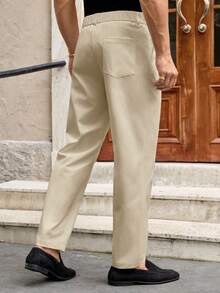 Manfinity BRENVOR 男士休闲弹力腰直筒梭织裤 米色男士长裤 男士正装裤 男士高腰裤 男士褶裥西装裤 米色男士长裤 - 卡其色 - 查看 3