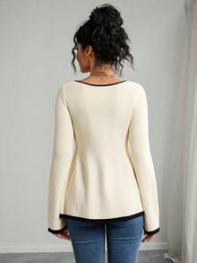 Momance 宽松孕妇毛衣，拼色设计，长袖针织套头衫 - 米色 - 查看 2