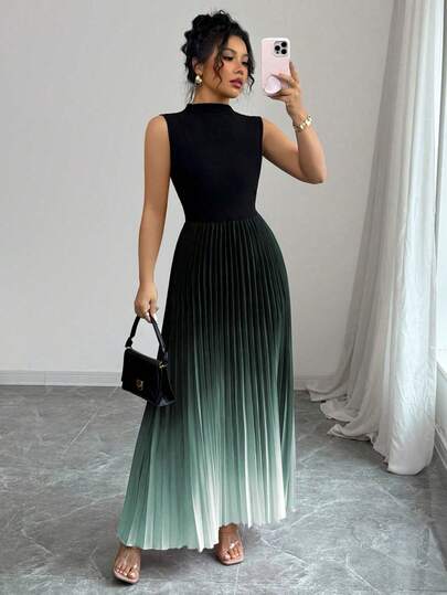 Elenzga Elegant Casual Sleeveless Black Patchwork Ombre Pleated Dress For Women