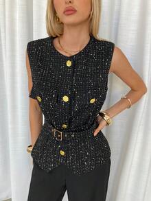 Siren Gaze 女式无袖厚花呢背心，秋冬 - 黑色 - 查看 6