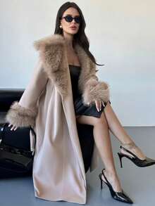Firerie 女士优雅奢华复古硬币休闲、通勤、派对、都市时尚百搭保暖毛领、毛袖口、收腰长款驼色大衣，秋冬 - 杏色 - 查看 9